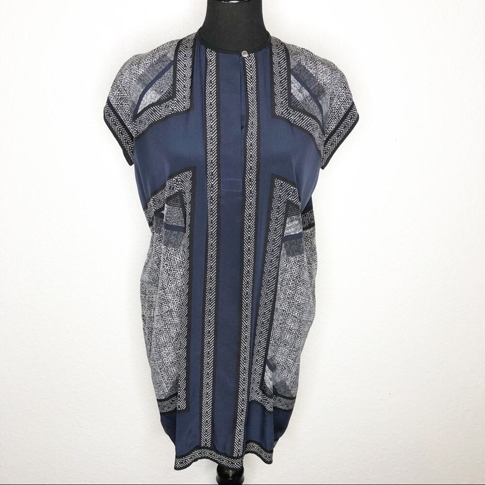 Vince navy‎ blue black geometric scarf print silk shift tunic dress size XS